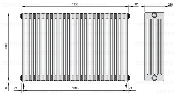 Схема (чертеж) Радиатор Zehnder Charleston 6300/25 №3570 Белый глянцевый RAL 9016